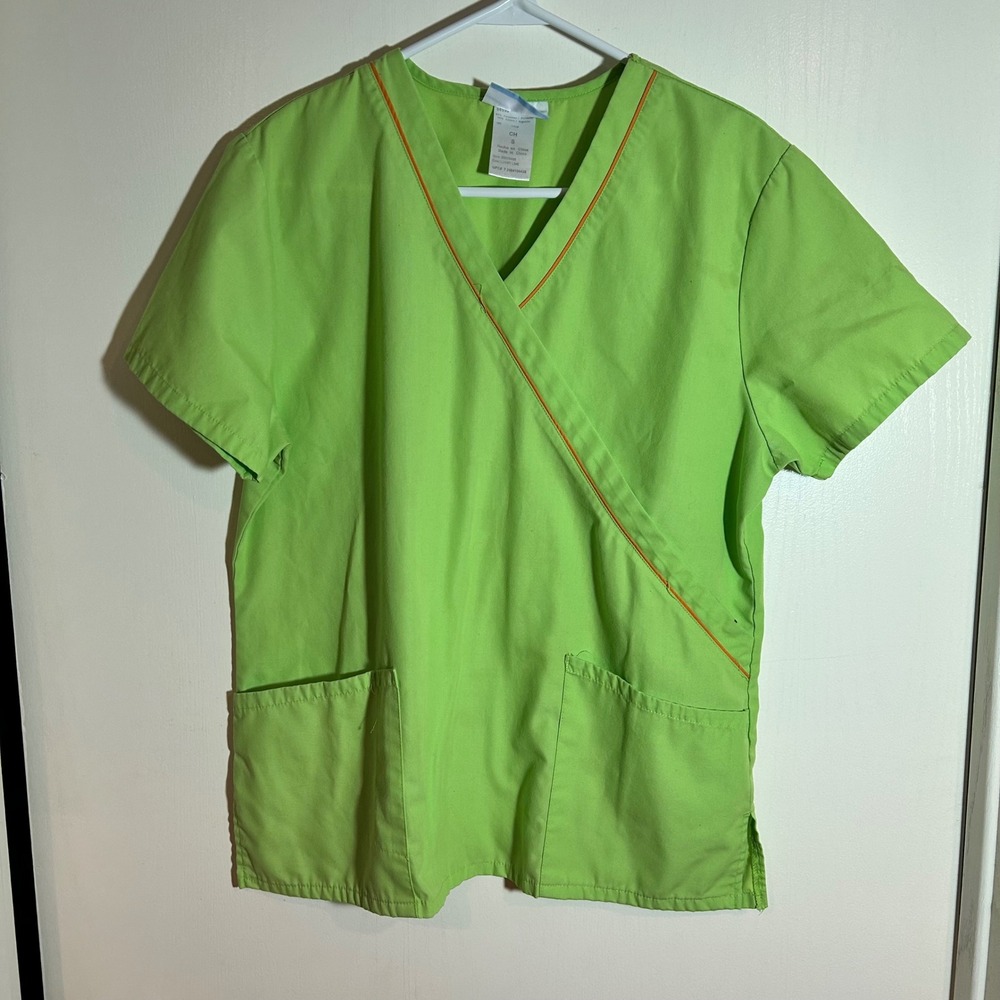 SB Scrubs‎ Lucky Lime Green Wrap Scrub Top, Women's Small, Short Sleeve